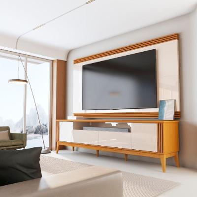 Rack Bancada Com Painel Detalhe Ripado Vetro Para Tv Até 75 Polegadas 2,18m Madeirado/off White