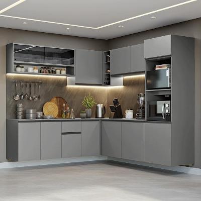 Cozinha Completa de Canto Suspensa Nice 7 Portas MDF 445cm Cinza com Puxadores em Alumínio