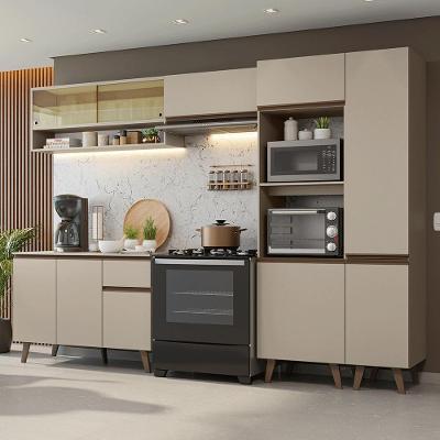 Cozinha Completa Armário Nice 4 Módulos MDF 300cm Bege com Paneleiro e Torre Quente