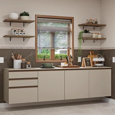 Armário de Cozinha Completa Suspensa Nice 3 Portas MDF 240cm Bege com Tampo