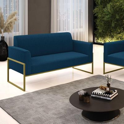 Sofá 2 Lugares Namoradeira Industrial Alta Dourado Marisa Bouclê Azul