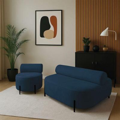 Sofá Sala Ilha Orgânico E 1 Poltrona 125cm éden Pé Aço Preto Bouclê Azul E03 - D'rossi