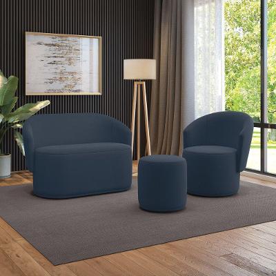 Sofá Namoradeira Com Poltrona E Puff Orgânico Sala Malu Suede Azul Marinho M11 - D'rossi