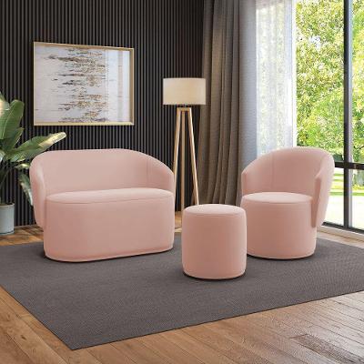 Sofá Namoradeira Com Poltrona E Puff Orgânico Sala Malu Veludo M11 - D'rossi Rose