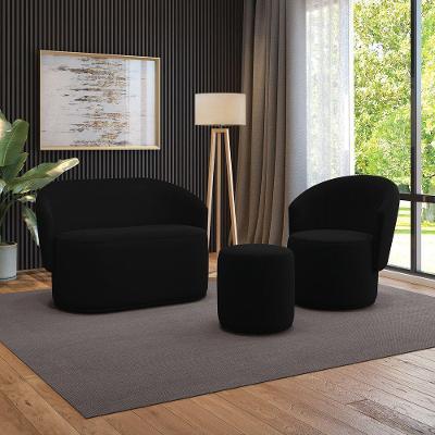 Sofá Namoradeira Com Poltrona E Puff Orgânico Sala Malu Suede Preto M11 - D'rossi