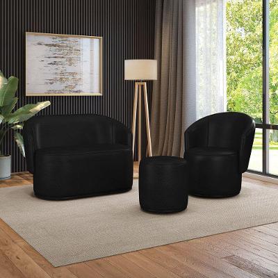 Sofá Namoradeira Com Poltrona E Puff Orgânico Sala Malu Sintético Pu Preto M11 - D'rossi