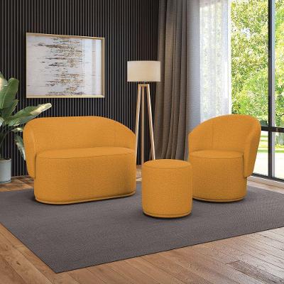 Sofá Namoradeira Com Poltrona E Puff Orgânico Sala Malu Bouclê Mostarda M11 - D'rossi