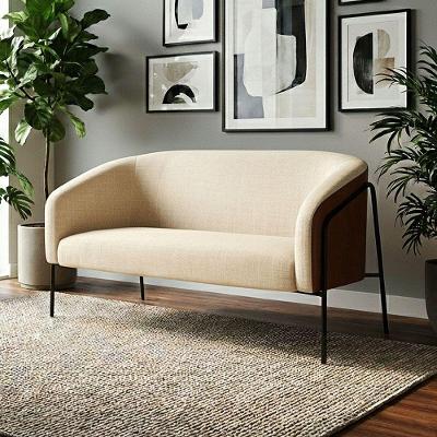 Sofá 2 Lugares Stella Industrial Alta Preta Sintético Pu Nozes Linho D03 - D'rossi Bege