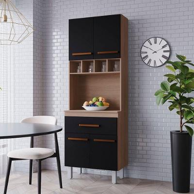 Paneleiro Zínia 4 Portas 1 Gaveta Cozinha Mb1 200cm Cor Savana Preto