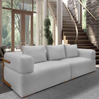 Sofá 4 Lugares 3,00m Em Tecido Veludo Com Aplique Em Madeira – Scott Lucadi Prata