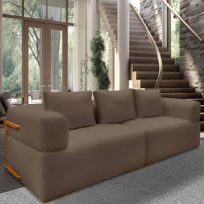 Sofá 4 Lugares 3,00m Em Tecido Veludo Com Aplique Em Madeira – Scott Lucadi Marrom