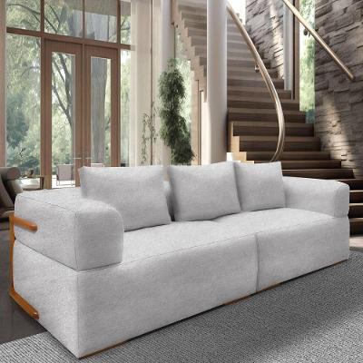 Sofá 3 Lugares 2,40m Em Tecido Bouclé Com Aplique Em Madeira – Scott Lucadi Cinza