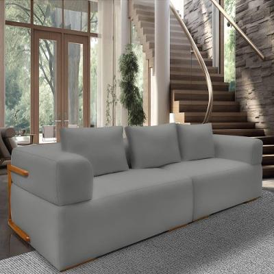 Sofá 3 Lugares 2,20m Em Tecido Veludo Com Aplique Em Madeira – Scott Lucadi Cinza