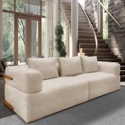 Sofá 4 Lugares 2,60m Em Tecido Bouclé Com Aplique Em Madeira – Scott Lucadi Bege