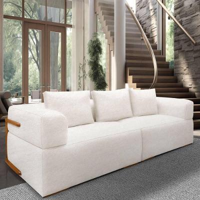 Sofá 4 Lugares 3,00m Em Tecido Bouclé Com Aplique Em Madeira – Scott Lucadi Off White