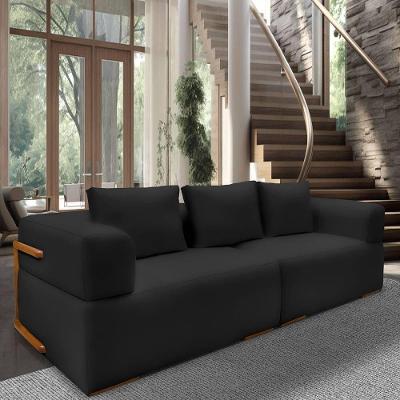 Sofá 4 Lugares 2,80m Em Tecido Veludo Com Aplique Em Madeira – Scott Lucadi Preto