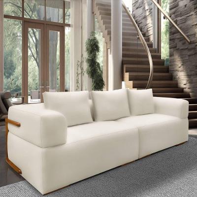 Sofá 4 Lugares 2,60m Em Tecido Veludo Com Aplique Em Madeira – Scott Lucadi Bege