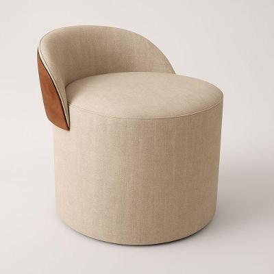 Puff Encosto Corino Linho Orgânico Sala Redondo Quarto Banco Bege