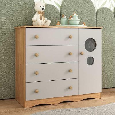 Cômoda Infantil 95cm 1 Porta Com Vidro E 4 Gavetas Sonho Multimóveis MP4474 Madeirado-off White