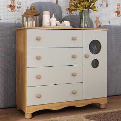 Cômoda Infantil 95cm 1 Porta Com Vidro E 4 Gavetas Suspiro Multimóveis MP4459 Madeirado-off White