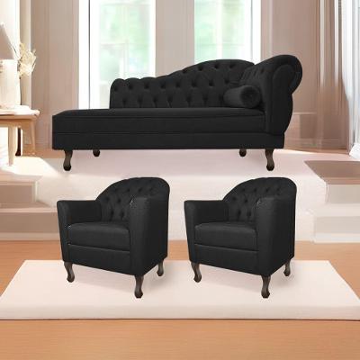 Kit Diva Recamier Diana 130cm Lado Esquerdo e 02 Poltronas Julia Suede Preto