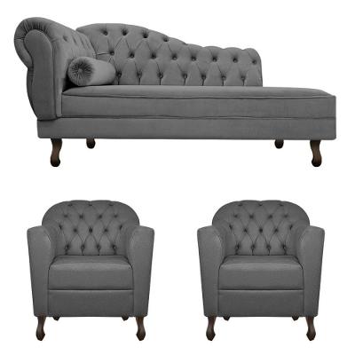 Kit Diva Recamier Diana 140cm Lado Direito e 02 Poltronas Julia Linho Cinza escuro