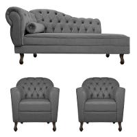 Kit Diva Recamier Diana 140cm Lado Direito e 02 Poltronas Julia Linho Cinza escuro - 1