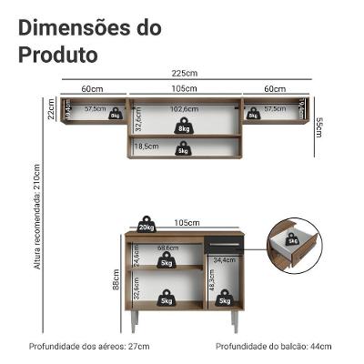 Armário de Cozinha Completa Emilly MDP 225cm Preto Rústico com Nicho para Forno Micro-ondas