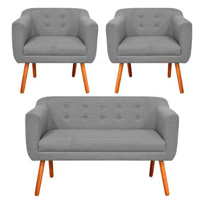 Kit Sofá Retrô Namoradeira e 02 Poltronas em Linho Cinza