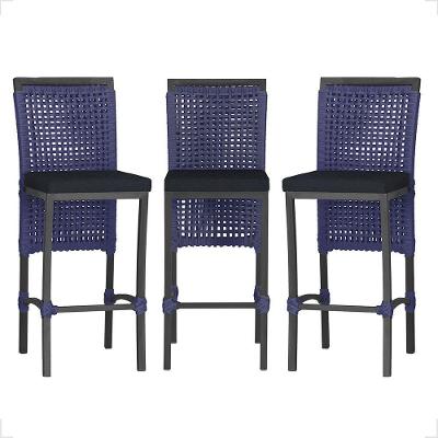 3 Banqueta Em Alumínio Roma Preta Corda Náutica Tecido 12 Azul