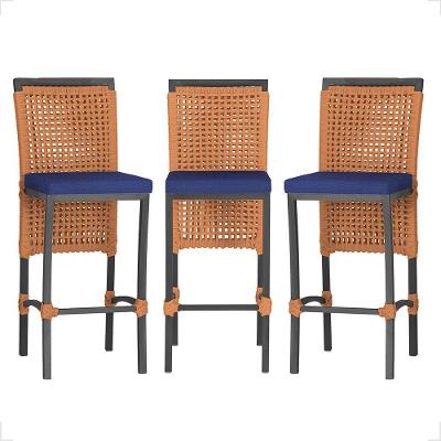 3 Banqueta Em Alumínio Roma Preta Corda Náutica Tecido 10 Terra Cota