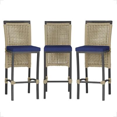 3 Banqueta Em Alumínio Roma Preta Corda Náutica Tecido 10 Rami