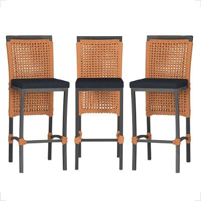 3 Banqueta Em Alumínio Roma Preta Corda Náutica Tecido 12 Terra Cota