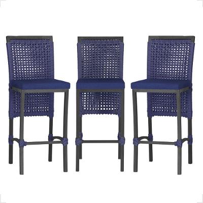 3 Banqueta Em Alumínio Roma Preta Corda Náutica Tecido 10 Azul