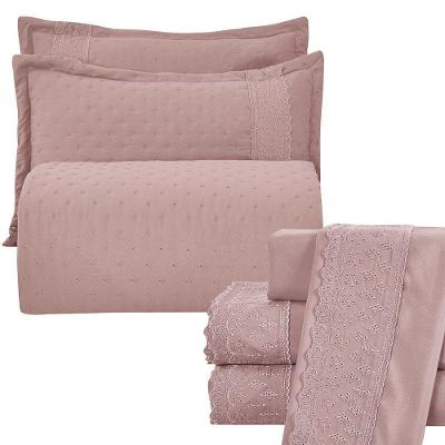 Kit Cobre Leito E Lençol Casal Melody Casa Show Enxovais Dupla Face 7 Peças - Rosê - 100% Poliéster