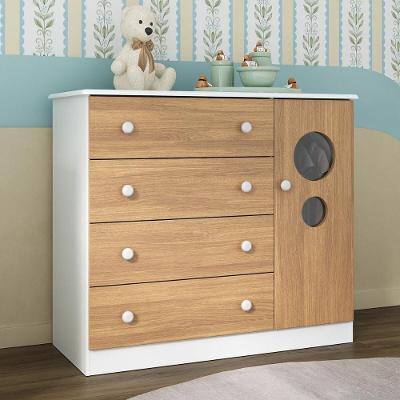 Cômoda Infantil 95cm 1 Porta Com Vidro E 4 Gavetas Pirulito Multimóveis MP4469 Branco/madeirado