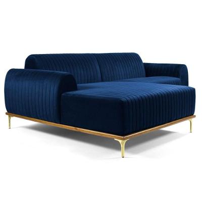 Sofá 245cm 4 Lugares Com Chaise Esquerdo Pés Gold Molino B-304 Veludo Azul Marinho