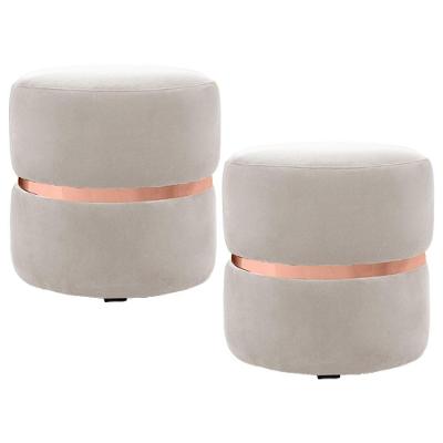 Kit 2 Puffs Decorativos Com Cinto Rosê Round B-309 Veludo Bege Claro - Domi