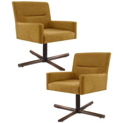 Kit 2 Poltronas Base Xis Madeira Angel Veludo Mostarda