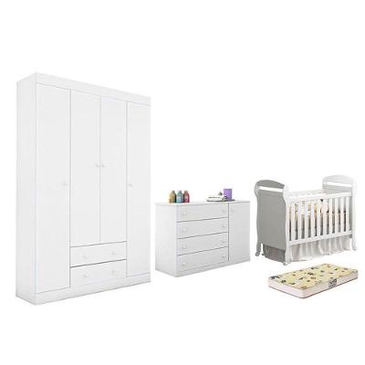 Dormitório Helena Guarda Roupa, Cômoda E Berço Danny Branco Com Colchão Supreme - Phoenix Baby Branco