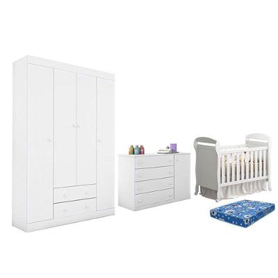 Dormitório Helena Guarda Roupa, Cômoda E Berço Danny Branco Com Colchão Physical - Phoenix Baby Branco
