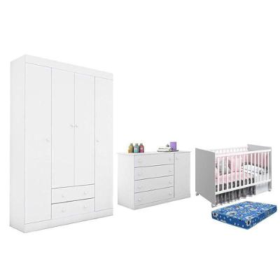 Dormitório Helena Guarda Roupa, Cômoda E Berço Tico Branco Com Colchão Physical - Phoenix Baby Branco