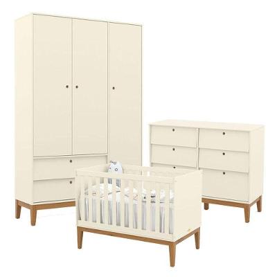 Quarto de Bebê Unique 3 Portas e Cômoda 6 Gavetas MDF 132cm Off White Eco Wood Matic