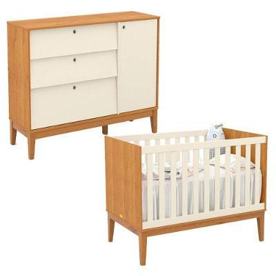 Berço Americano e Cômoda Sapateira Unique em MDF com Puxadores Off White