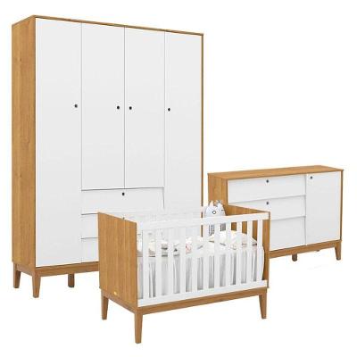 Quarto de Bebê Unique 4 Portas 3 Gavetas MDF 154cm Freijó Branco Matic Móveis