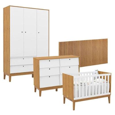 Quarto De Bebê Unique 3 Portas Com Cômoda 6 Gavetas E Painel Ripado Freijó Branco Soft Eco Wood