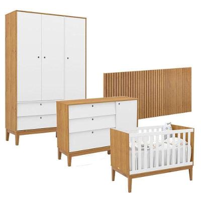 Quarto De Bebê Unique 3 Portas Com Cômoda Sapateira E Painel Ripado Freijó Branco Soft Eco Wood