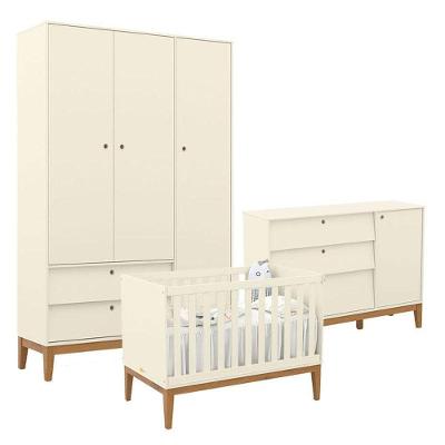 Quarto de Bebê Unique com Guarda-Roupa 3 Portas em MDF 136cm Off White Matic Móveis