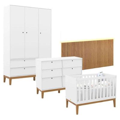 Quarto De Bebê Unique 3 Portas Com Cômoda 6 Gavetas E Painel Ripado Com Led Branco Soft Eco Wood - Matic