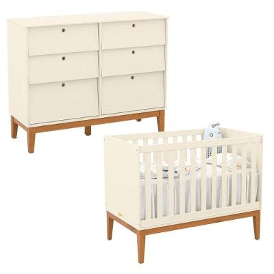 Berço Americano e Cômoda 6 Gavetas Unique em MDF com Puxador em MDF Off White Eco Wood